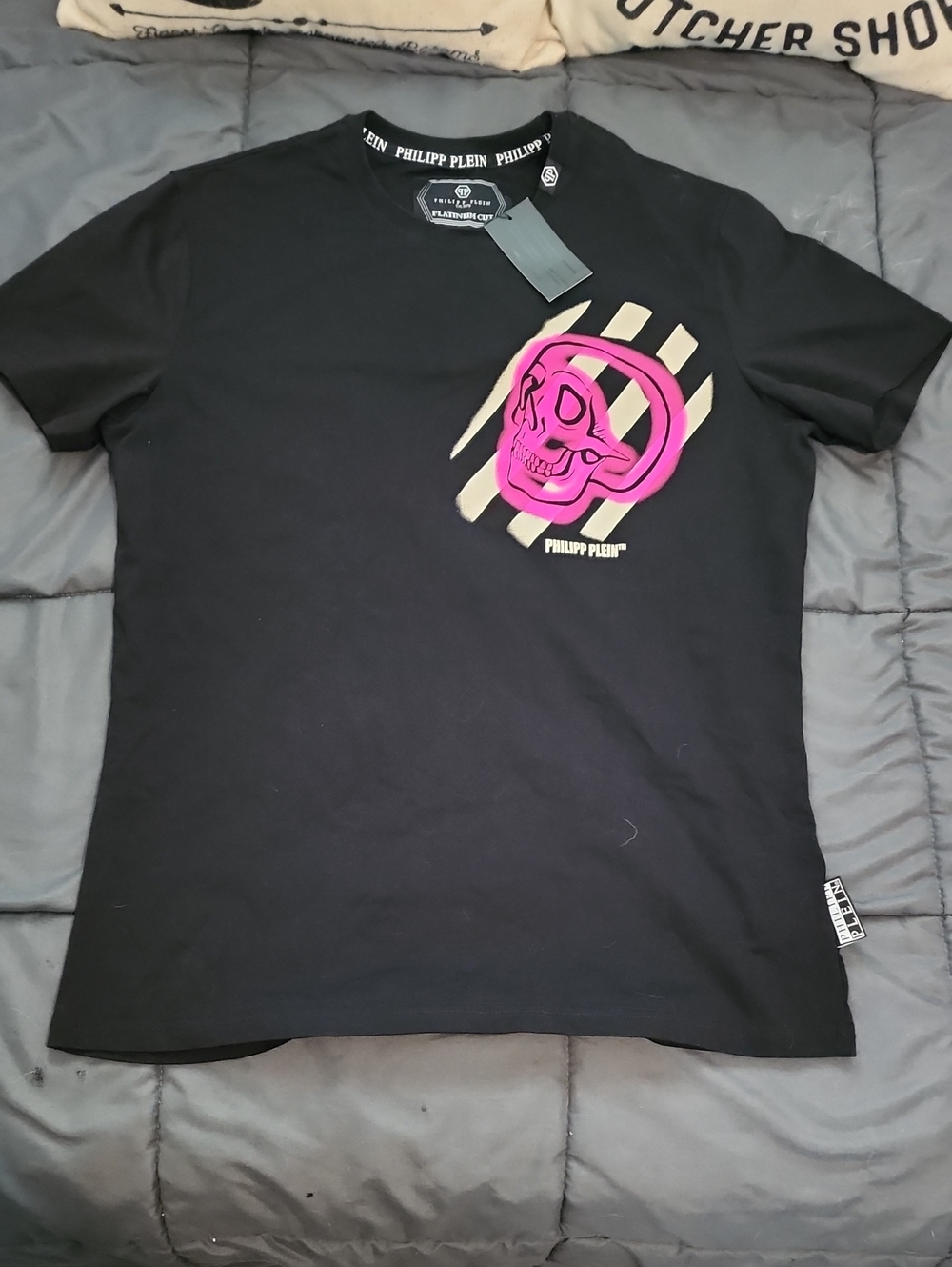 Philipp Plein Black Short-Sleeve Tee with Pink Skull and Cream Stripes 1200 MSRP